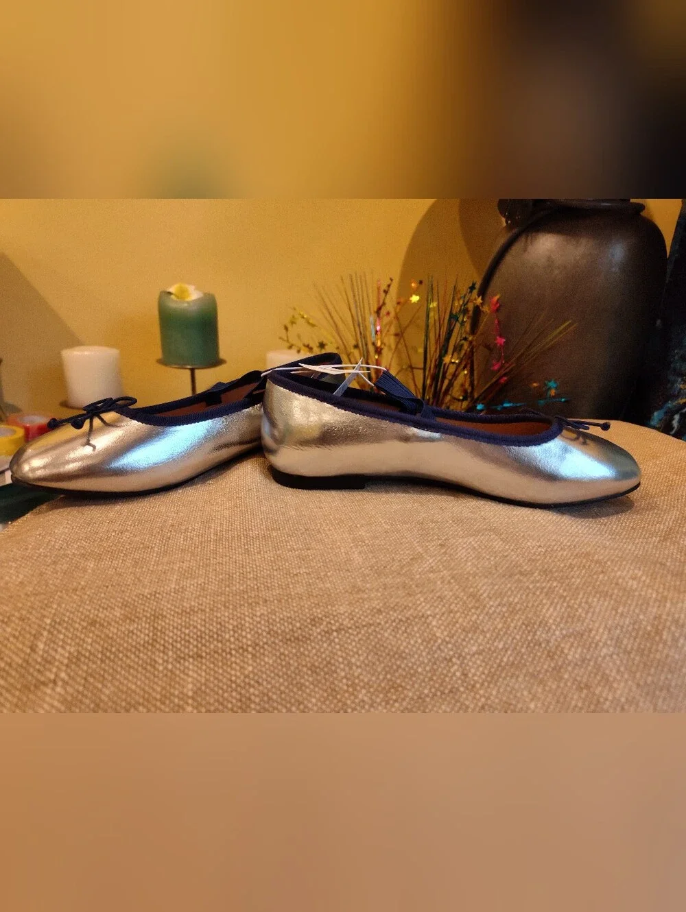Silver Metallic Ballet Flats with Navy Trim